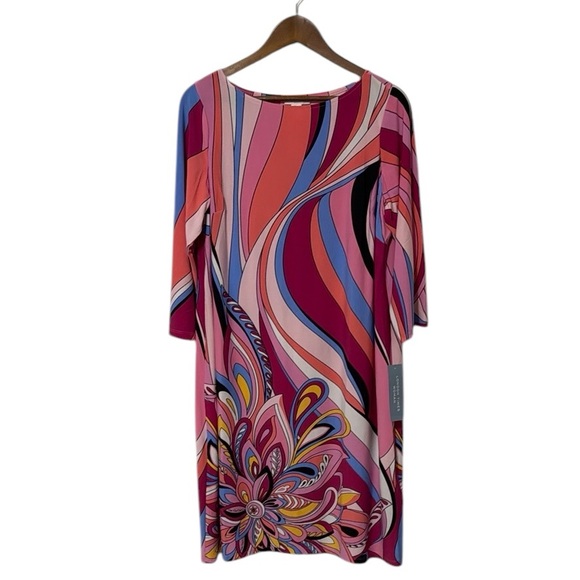 NWT London Times Swirl 3/4 Length Sleeve Shift Dress Pink Print - Picture 2 of 12